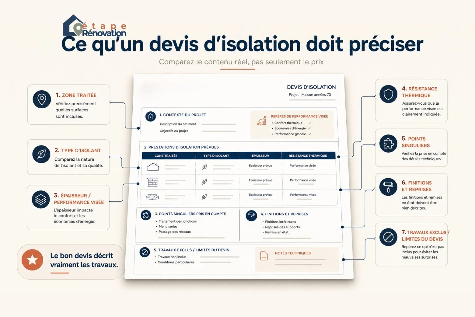 Exemple de devis d’isolation annoté avec zone traitée, isolant, résistance thermique, finitions, points singuliers et exclusions