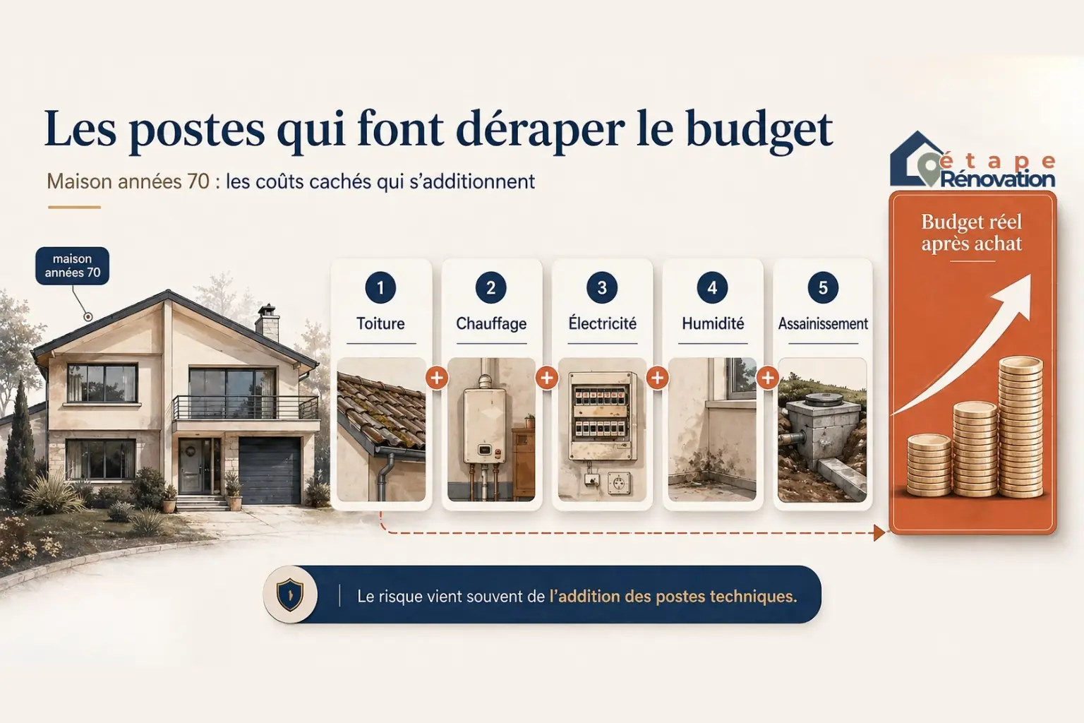 Infographie des postes techniques qui peuvent faire déraper le budget après l’achat