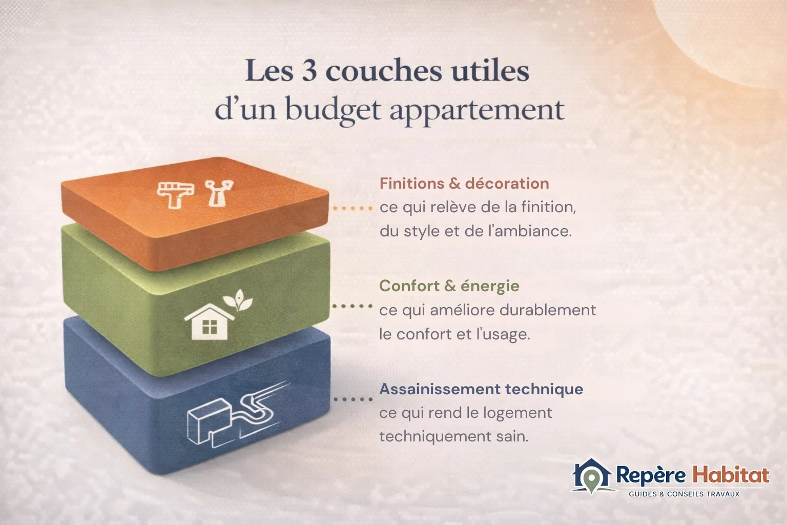 Schéma des trois couches de budget pour une rénovation d’appartement