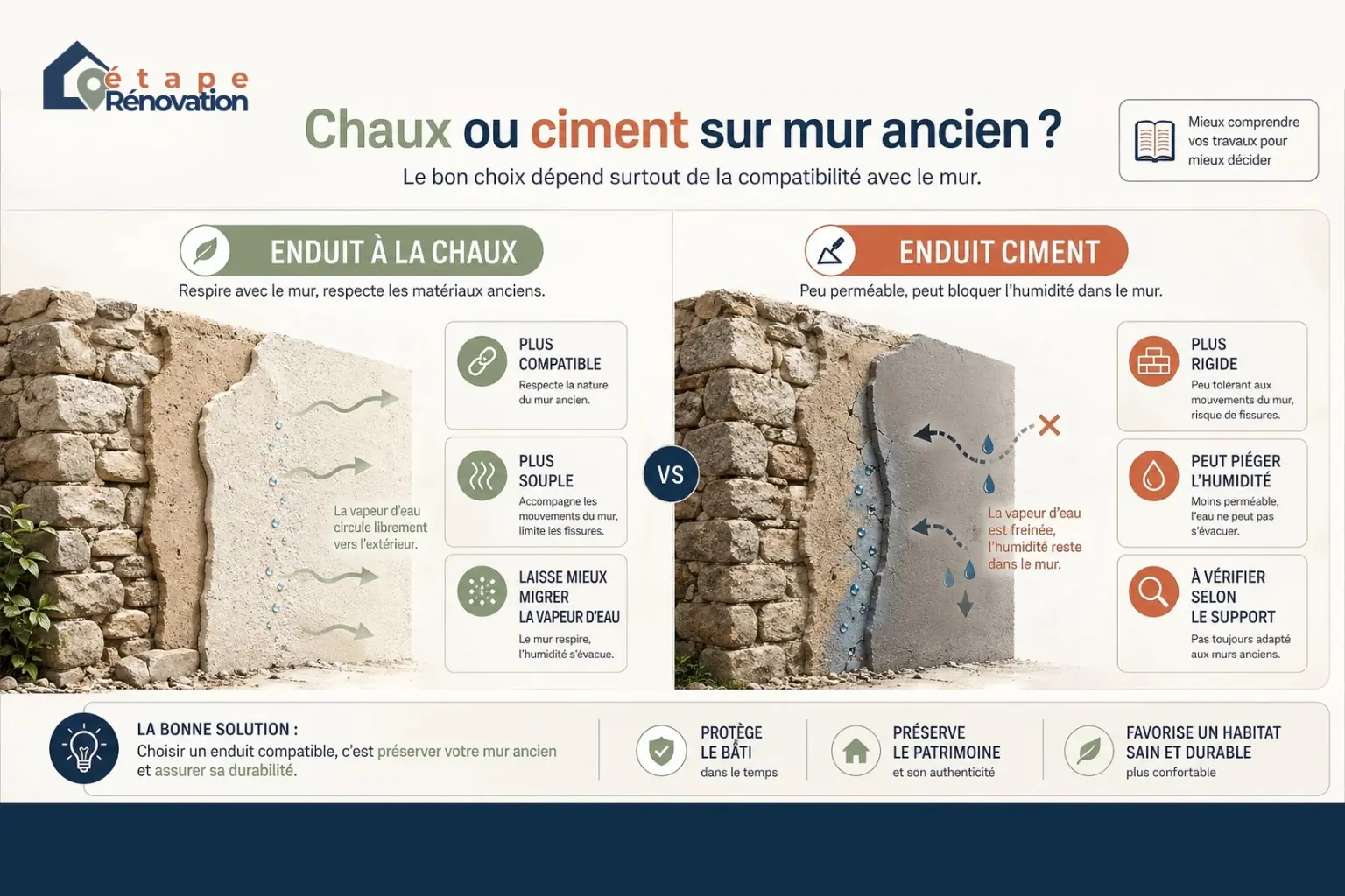 Comparatif chaux et ciment sur mur ancien