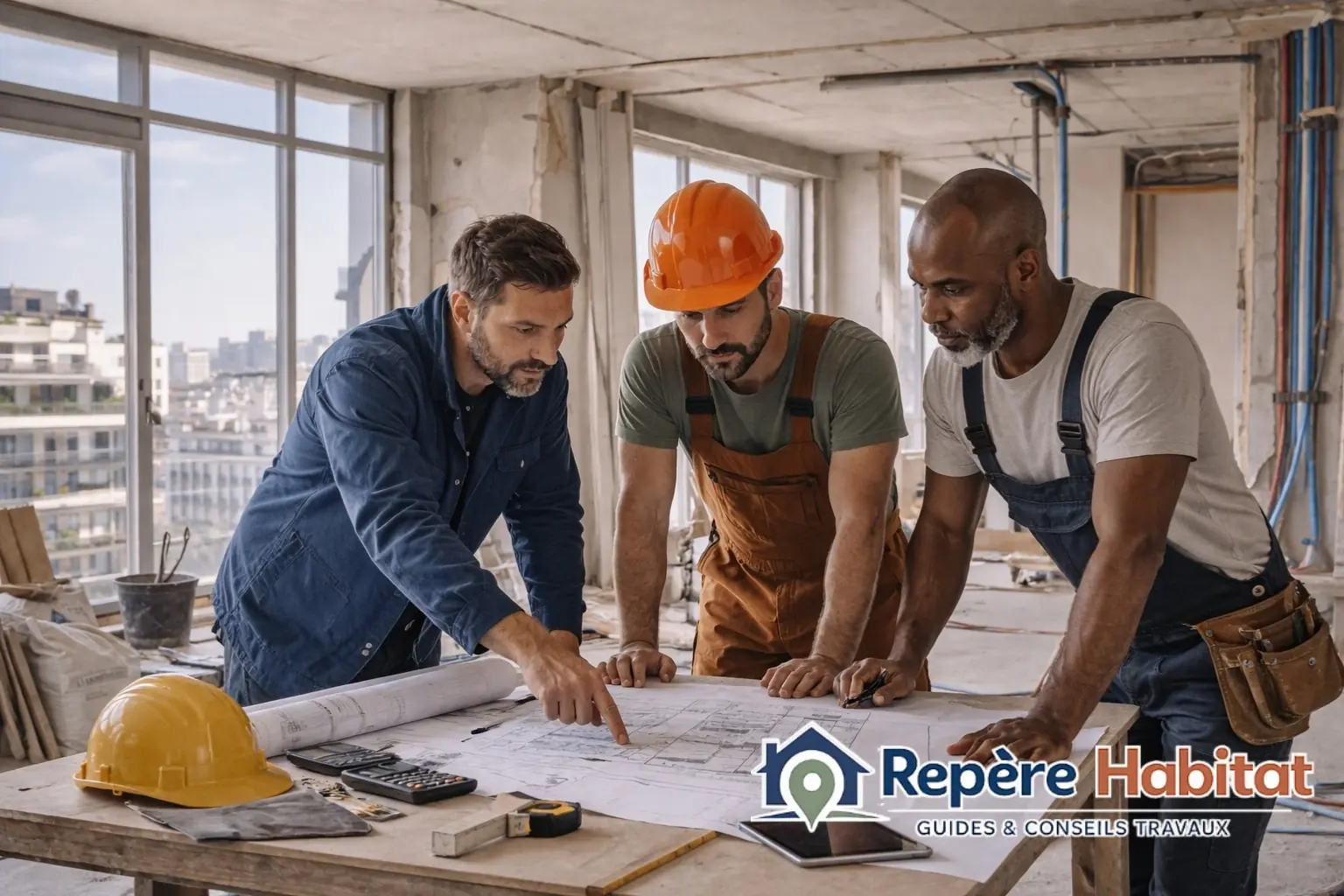 Artisans étudiant un plan de rénovation sur un chantier d’appartement