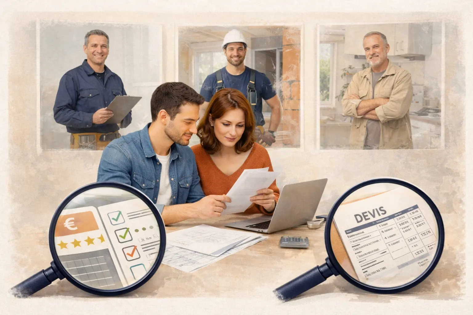 Couple comparant plusieurs devis d’artisans pour un projet de rénovation