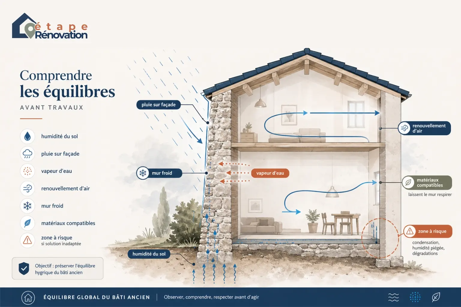 Coupe pédagogique d’une maison ancienne montrant humidité, ventilation, vapeur d’eau et points de vigilance avant rénovation