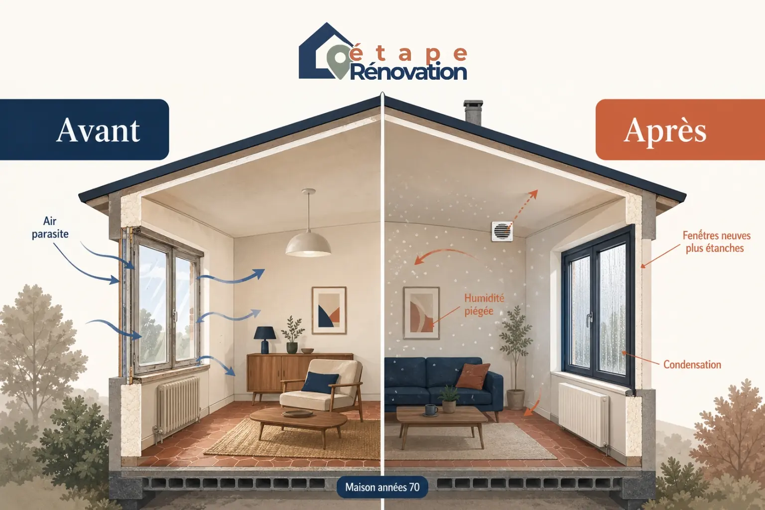 Coupe avant après d’une maison des années 70 montrant condensation après changement des fenêtres.