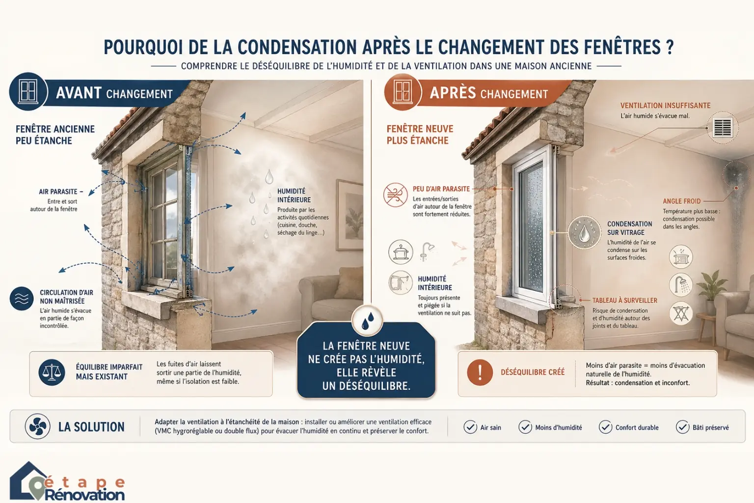 Condensation avant après sur une fenêtre après rénovation dans une maison ancienne