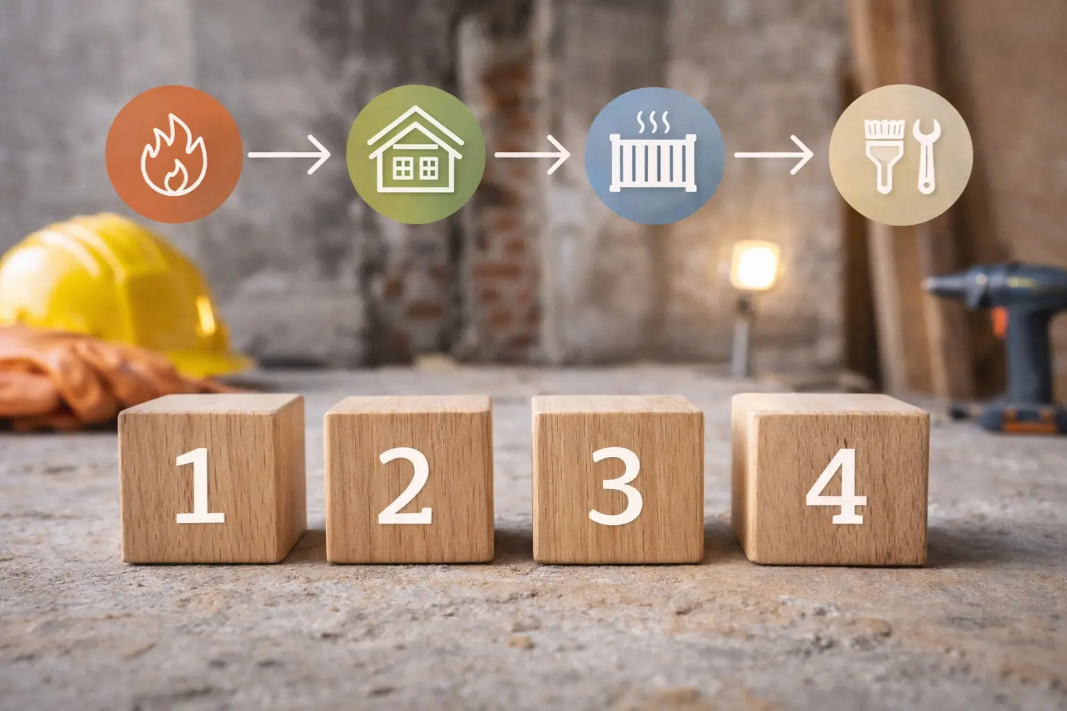 Étapes rénovation maison avec blocs numérotés représentant la chronologie