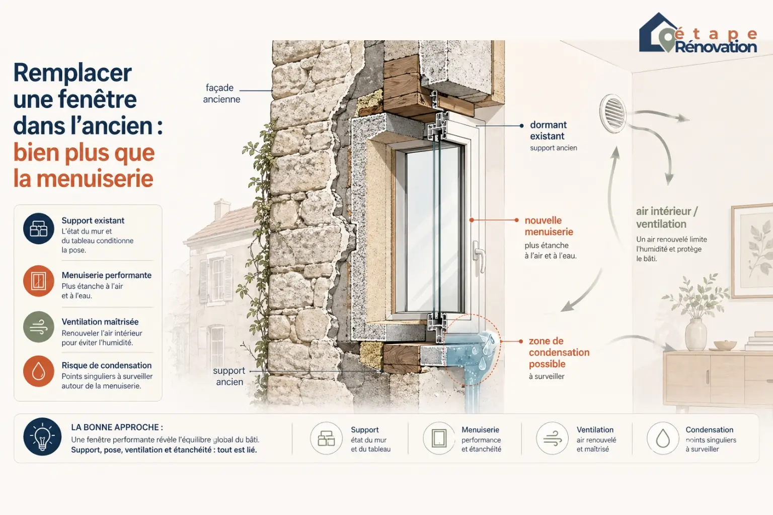 Fenêtres rénovées sur une maison ancienne avec encadrements conservés