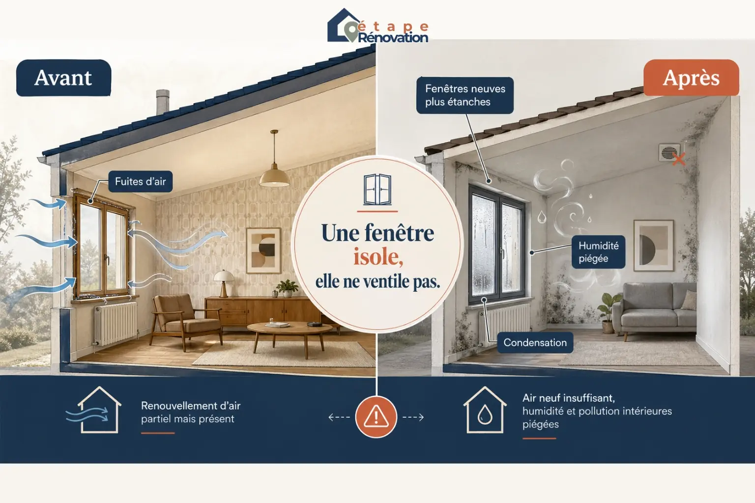 Infographie avant après montrant qu’une fenêtre neuve isole sans ventiler dans une maison des années 70.
