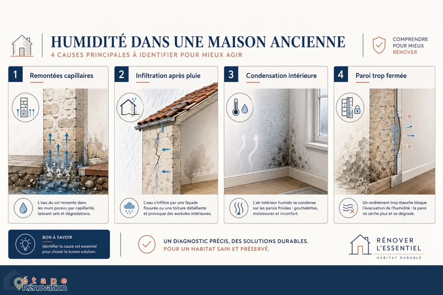 Infographie comparant remontées capillaires, infiltration, condensation et paroi trop fermée dans une maison ancienne
