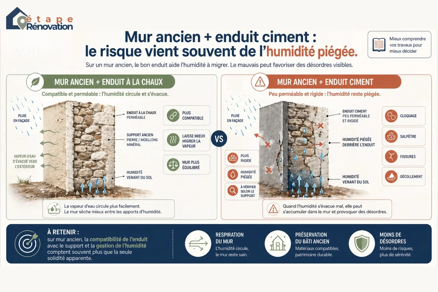 Mur ancien avec enduit ciment et humidité piégée
