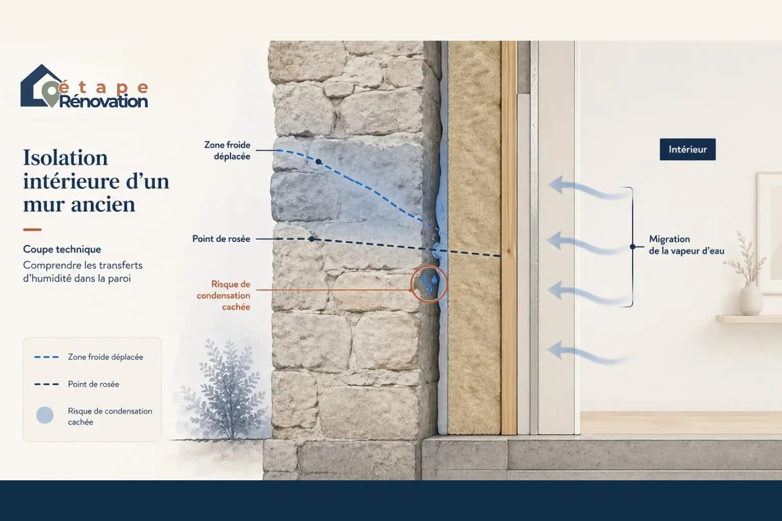 Schéma d’une isolation intérieure sur mur ancien avec zone de condensation et point de rosée