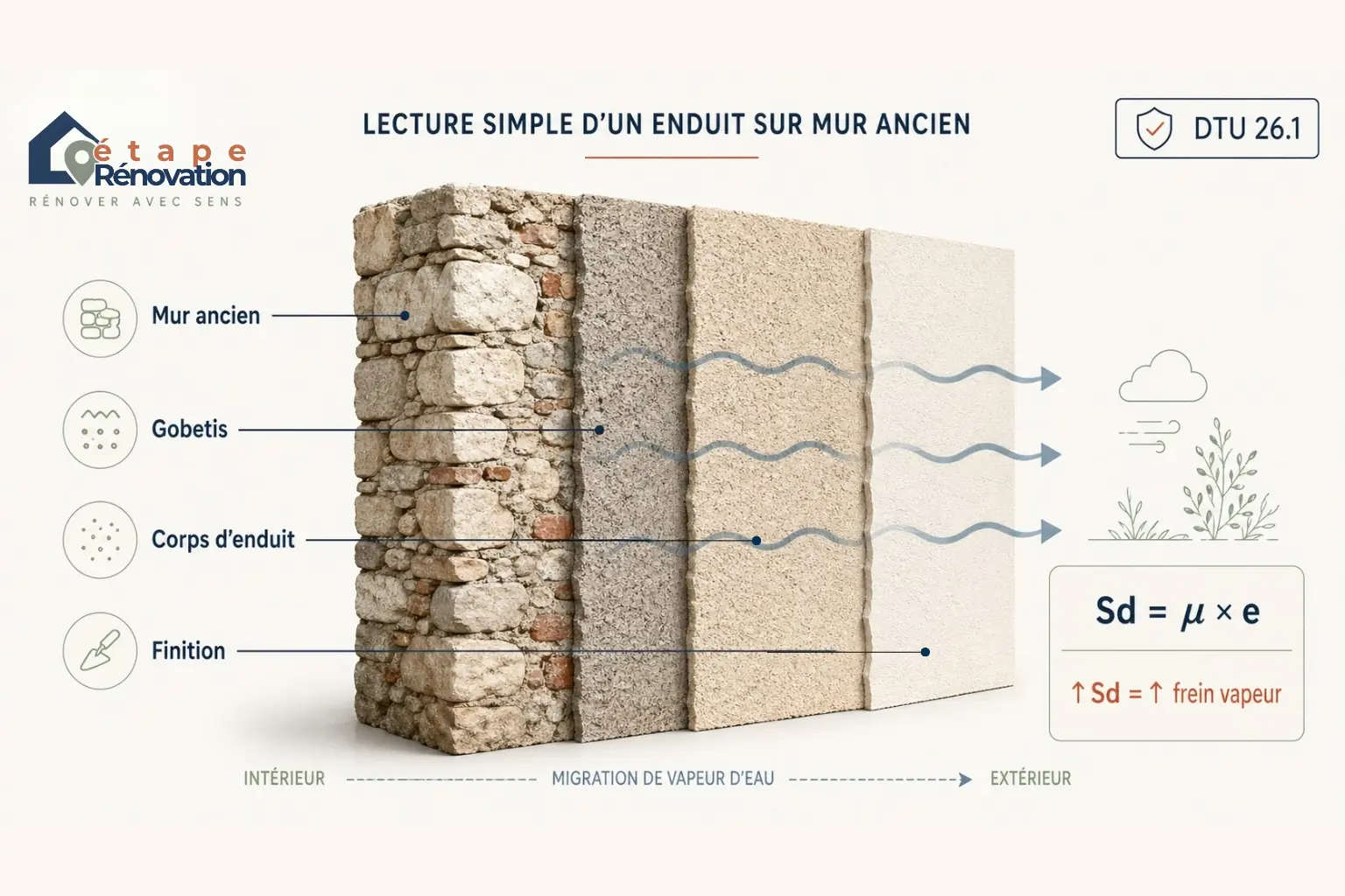 Coupe d’un mur ancien avec couches d’enduit