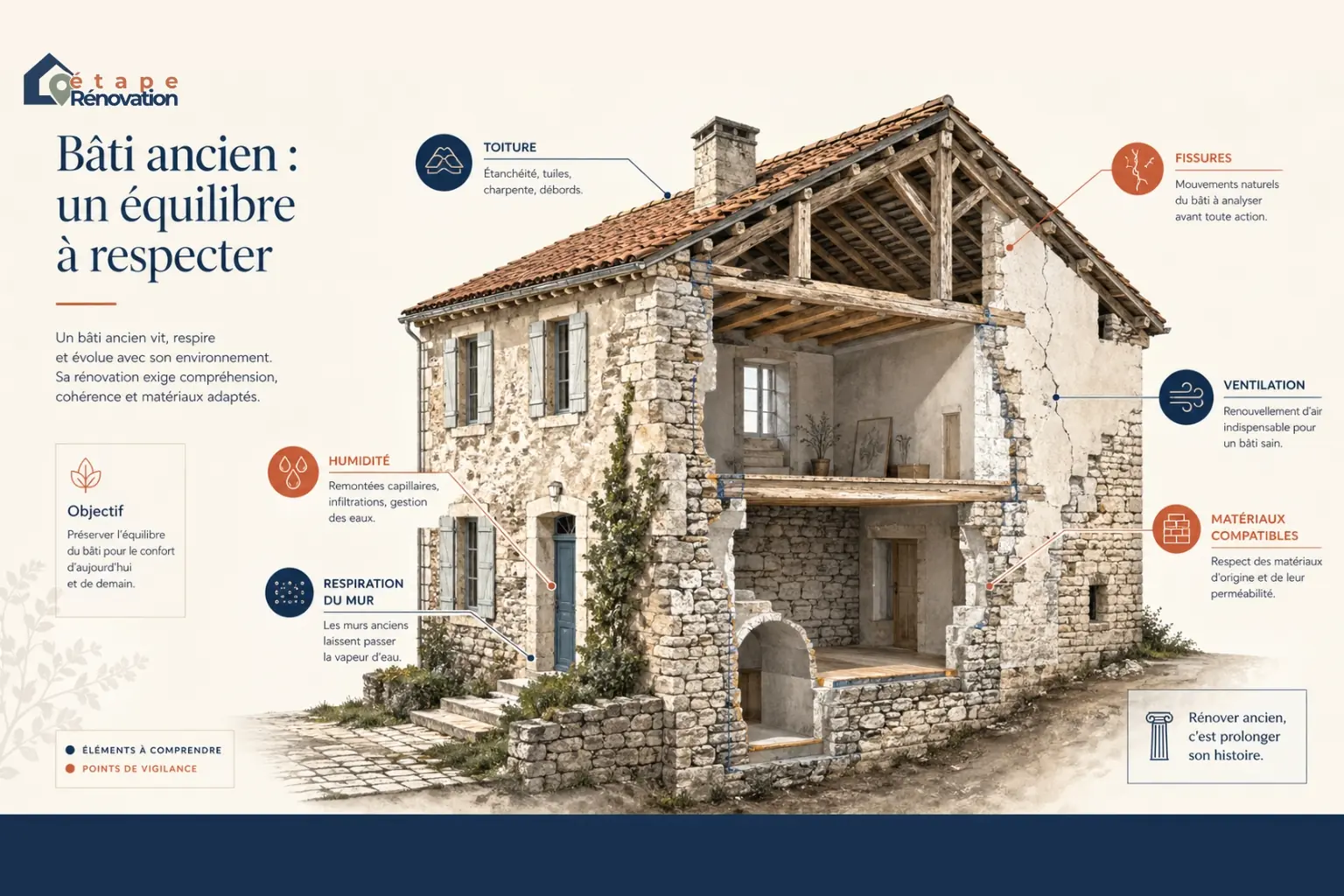 Maison ancienne en rénovation avec murs épais, pierre, humidité, ventilation et compatibilité des matériaux