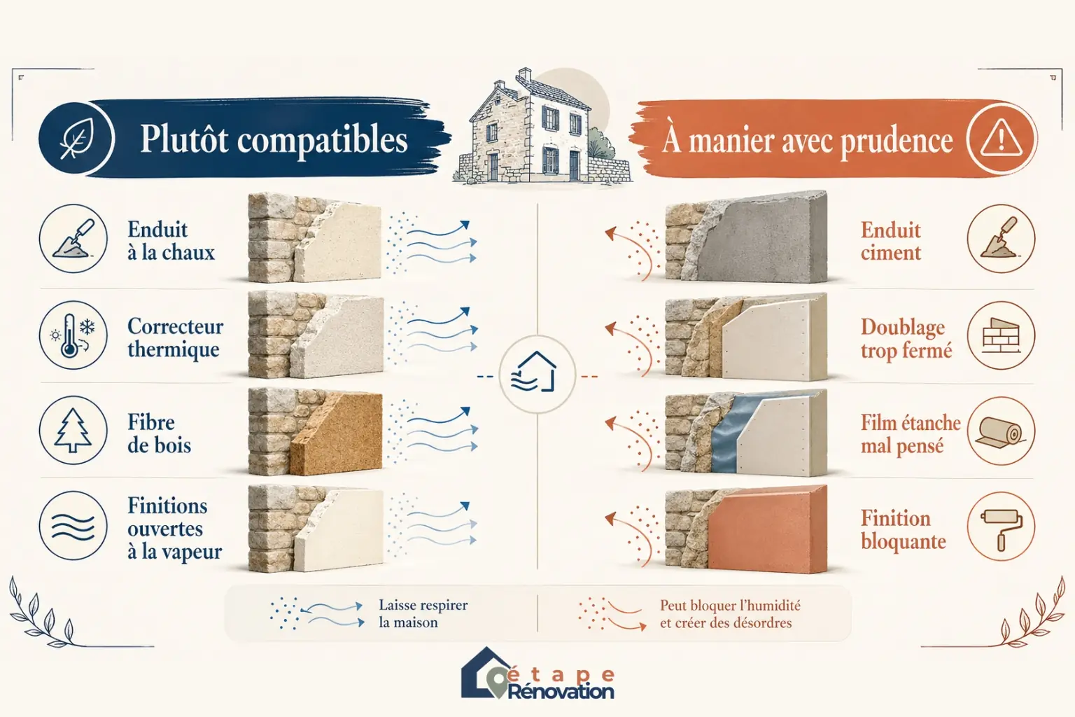 Comparatif visuel des matériaux compatibles et risqués pour rénover une maison ancienne