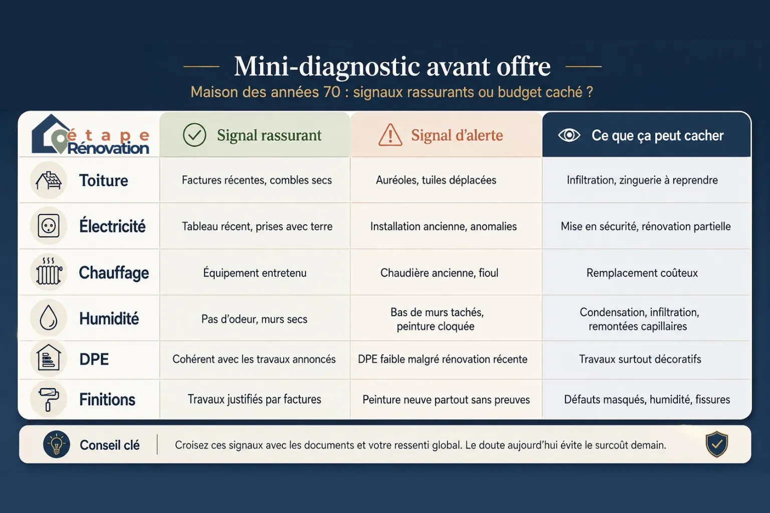 Tableau de mini-diagnostic pour repérer les signaux rassurants et les alertes avant offre