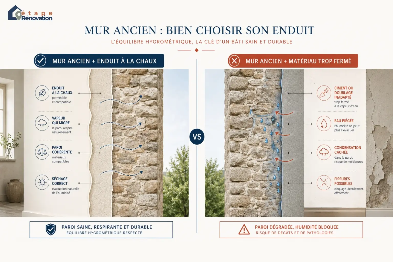 Coupe comparative d’un mur ancien avec système compatible à la chaux et paroi trop fermée au ciment
