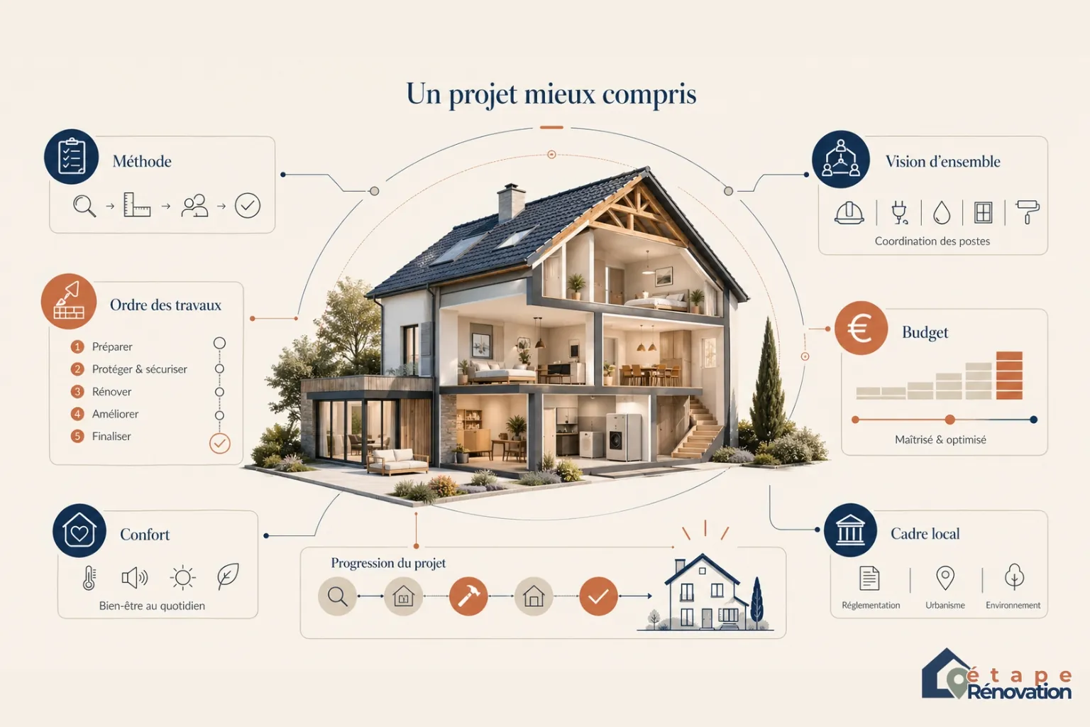 Synthèse visuelle d’un projet de rénovation bien pensé avec étapes, budget, confort et ordre des travaux
