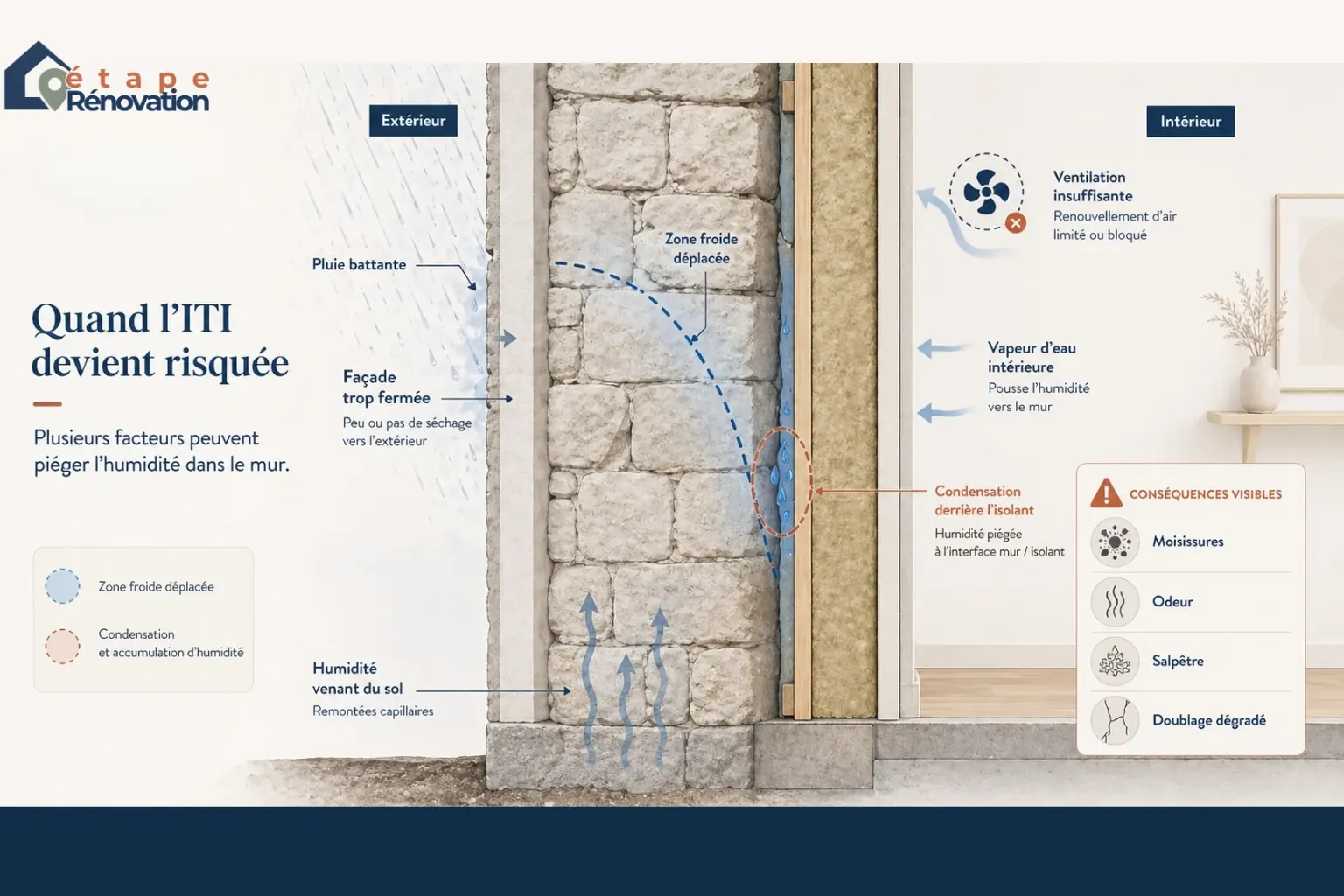 Erreur d’isolation intérieure sur mur ancien avec humidité piégée derrière le doublage