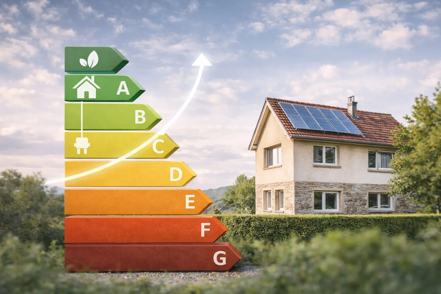 Maison avec panneaux solaires et étiquette énergie pour rénovation énergétique