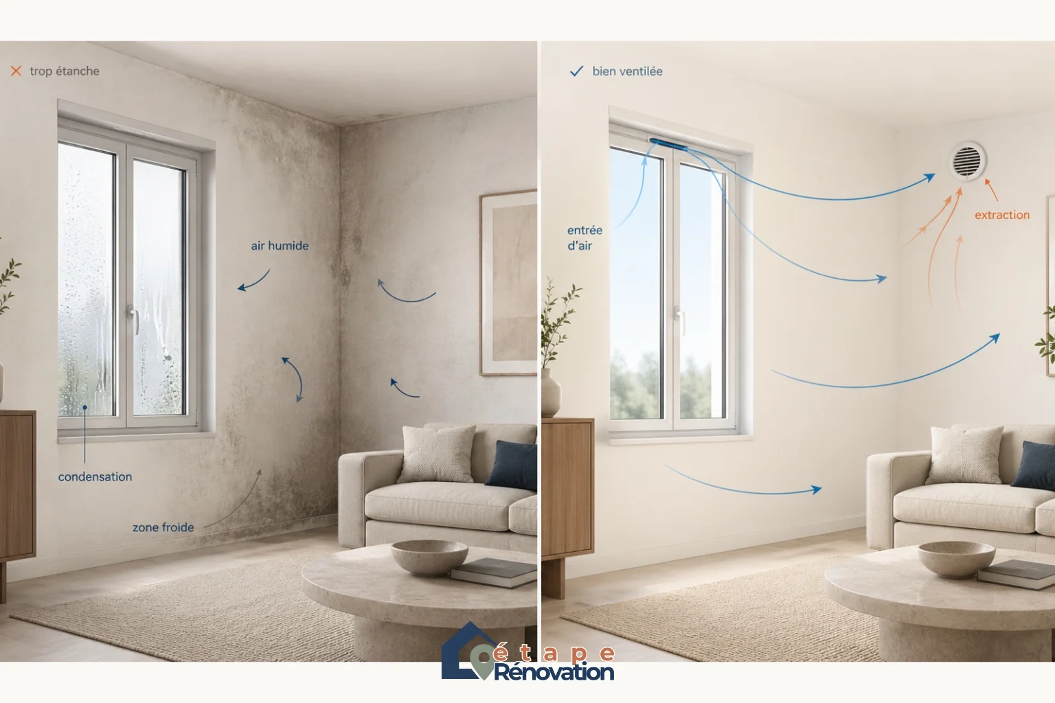 Schéma de ventilation dans une maison ancienne avec fenêtres récentes, air humide et risque de condensation