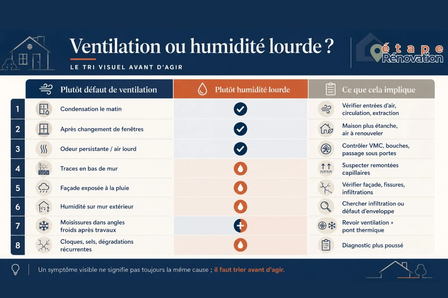 Tableau comparant défaut de ventilation et humidité lourde dans une maison des années 70.