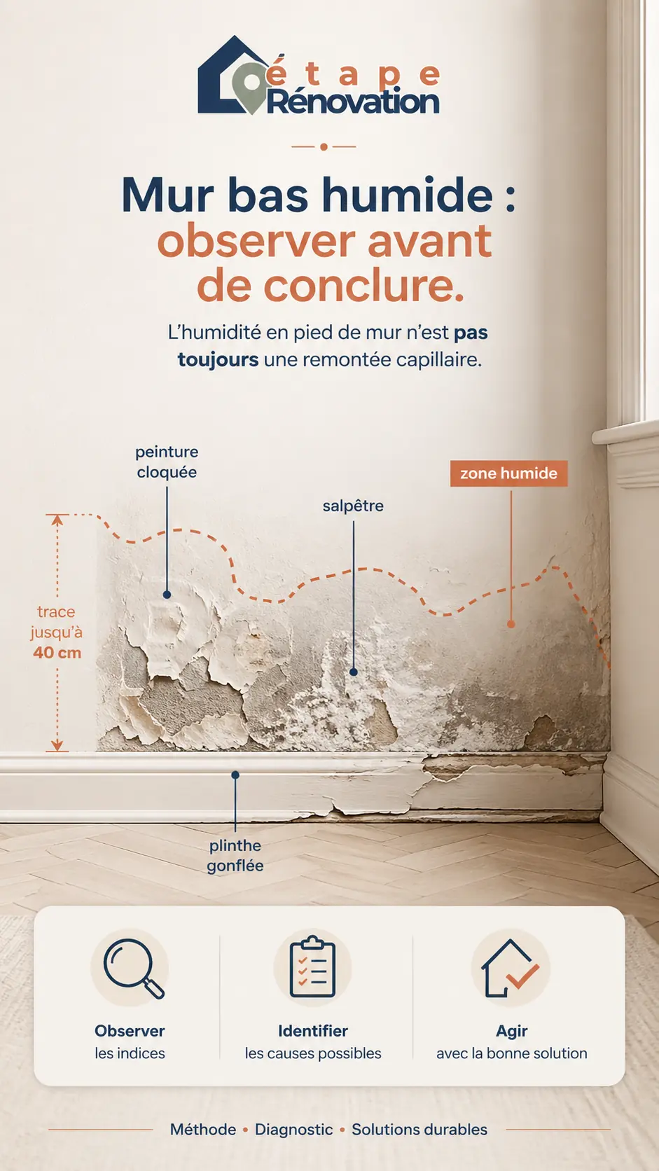 Diagnostic visuel d’un bas de mur humide avec salpêtre, peinture cloquée, plinthe abîmée et suspicion de remontées capillaires