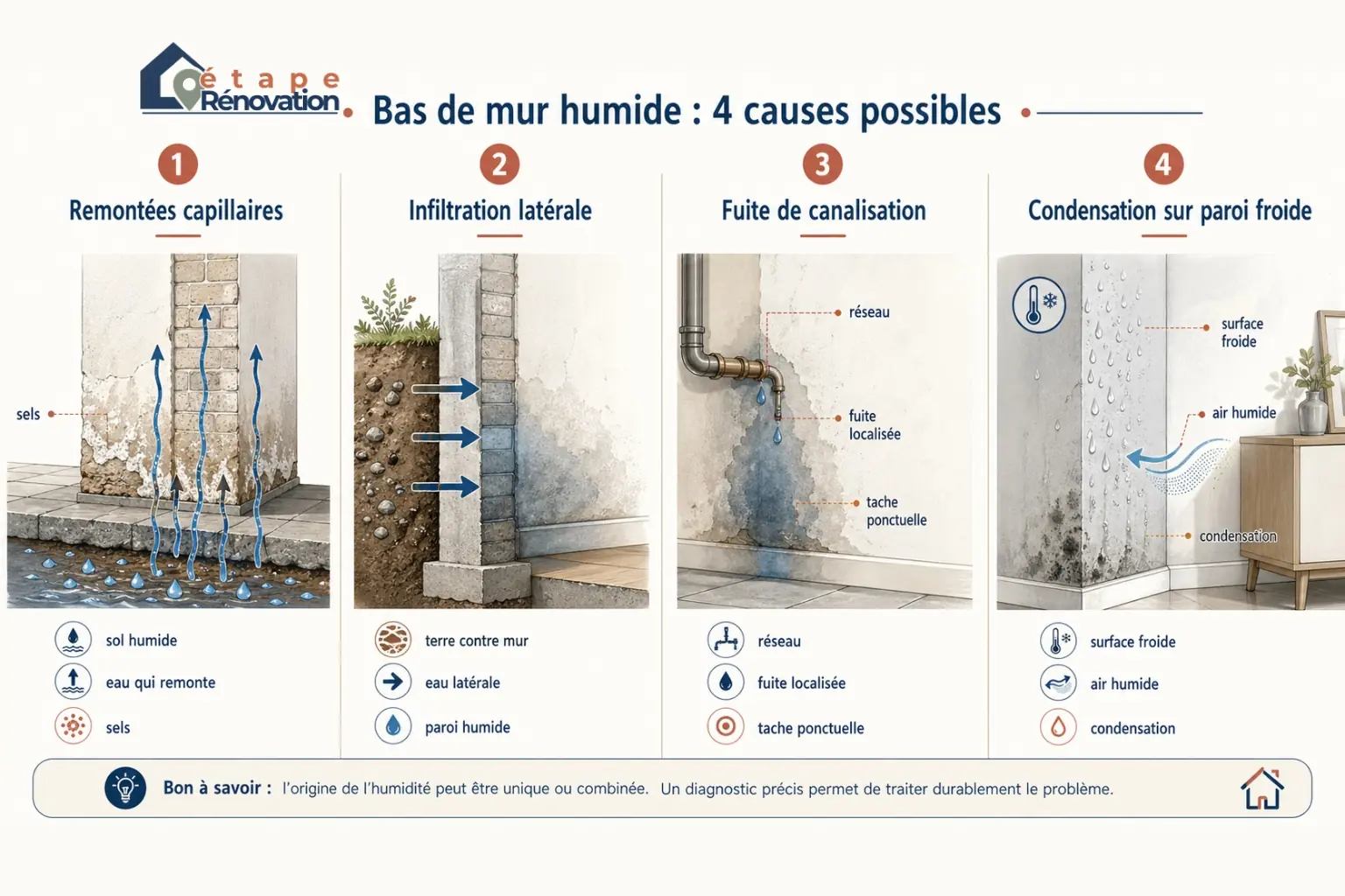 Comparatif des causes possibles d’un bas de mur humide : remontées capillaires, infiltration latérale, fuite de canalisation et condensation