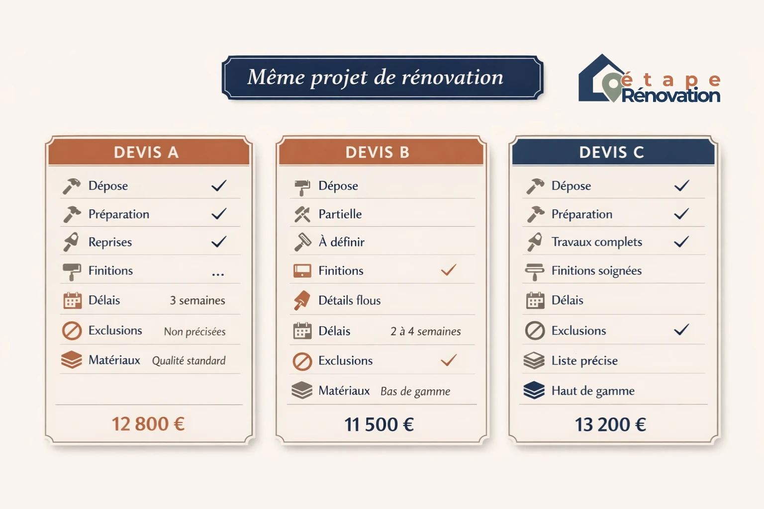 Comparatif de devis de rénovation pour un même projet : lignes incluses, postes flous, exclusions et différences de lecture du chantier