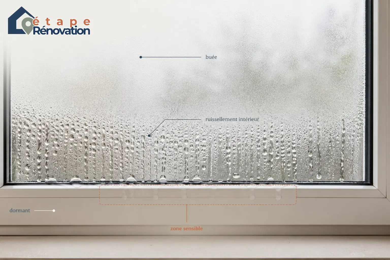Condensation intérieure sur une fenêtre avec gouttelettes visibles en bas du vitrage