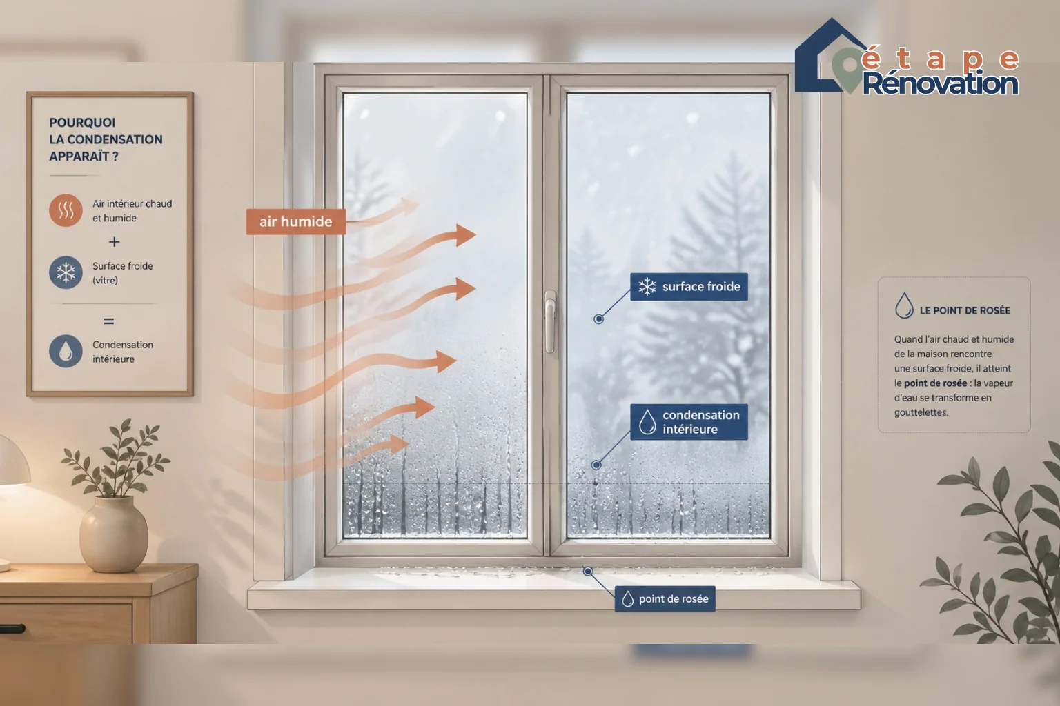 Condensation intérieure sur une fenêtre avec vitrage embué et gouttelettes visibles