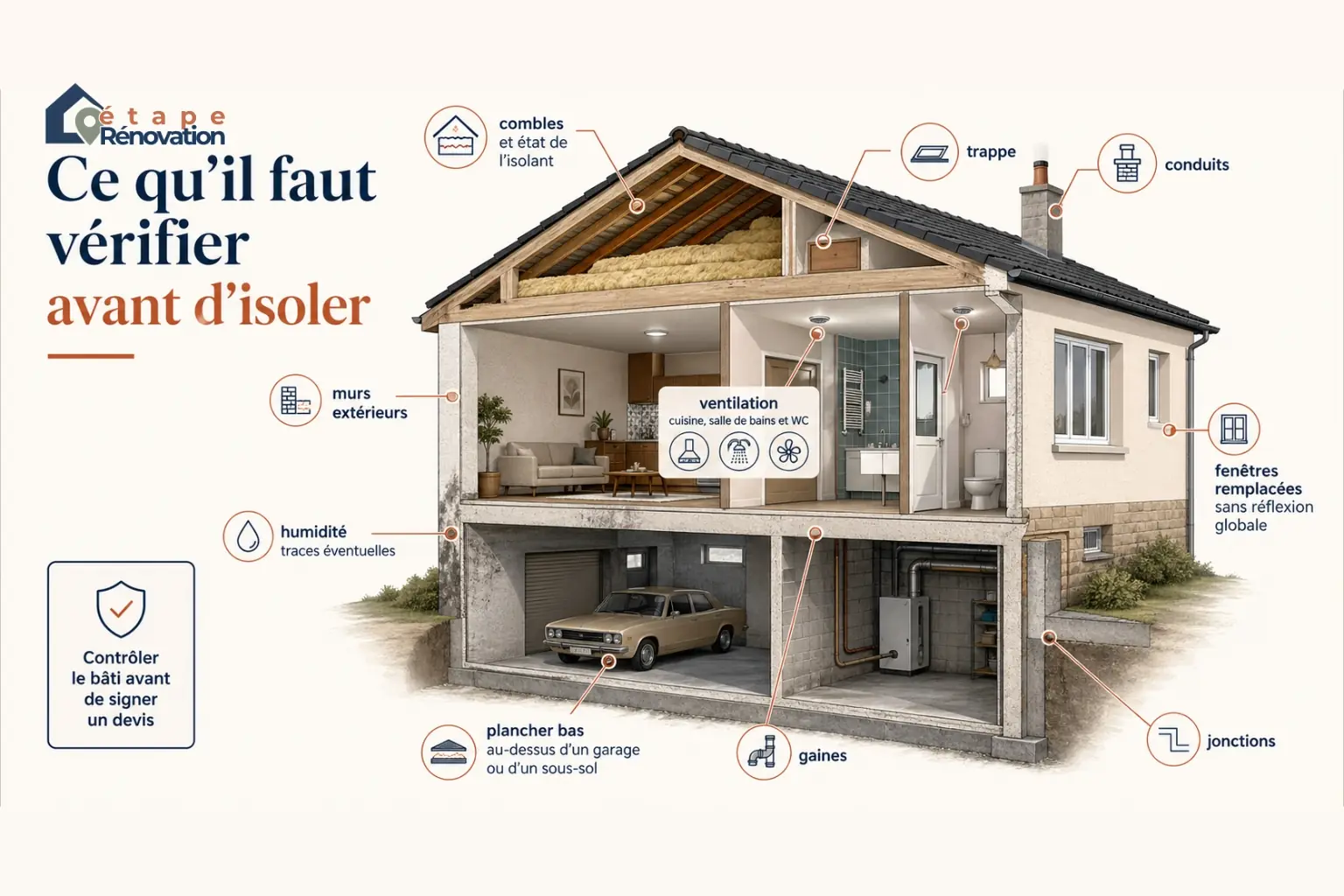 Contrôle des combles, murs, ventilation et plancher bas avant isolation d’une maison des années 70