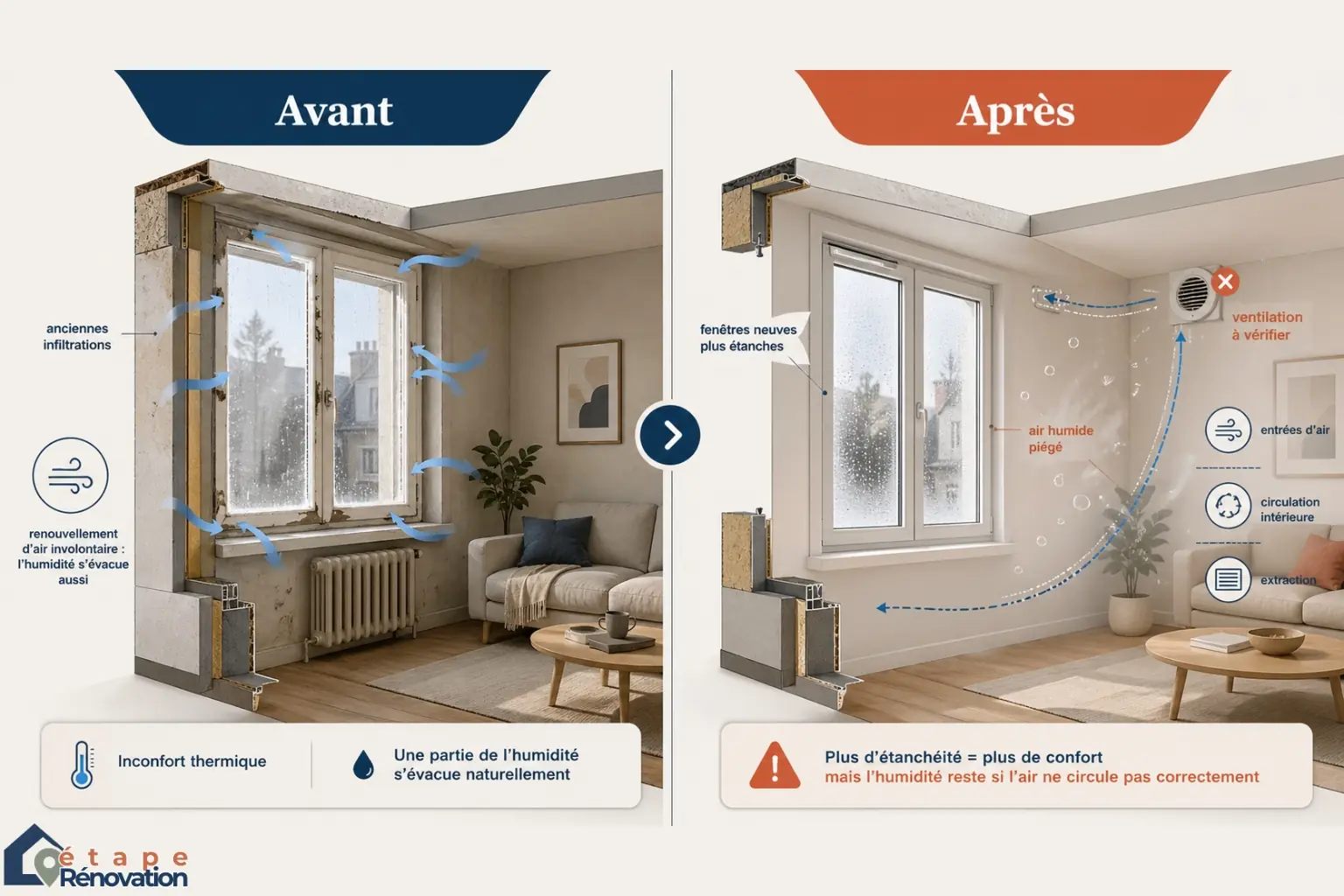Comparaison avant après changement de fenêtres avec nécessité d’une ventilation adaptée
