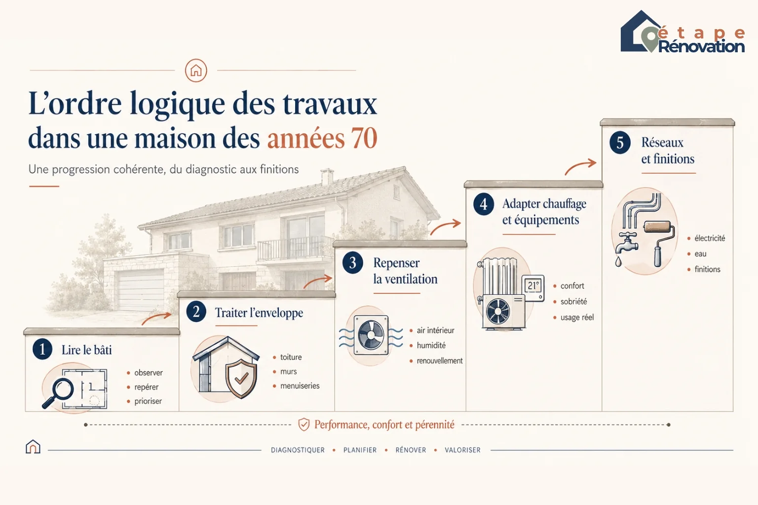 Frise pédagogique montrant l’ordre logique des travaux dans une maison des années 70 : enveloppe, ventilation, chauffage, réseaux, finitions