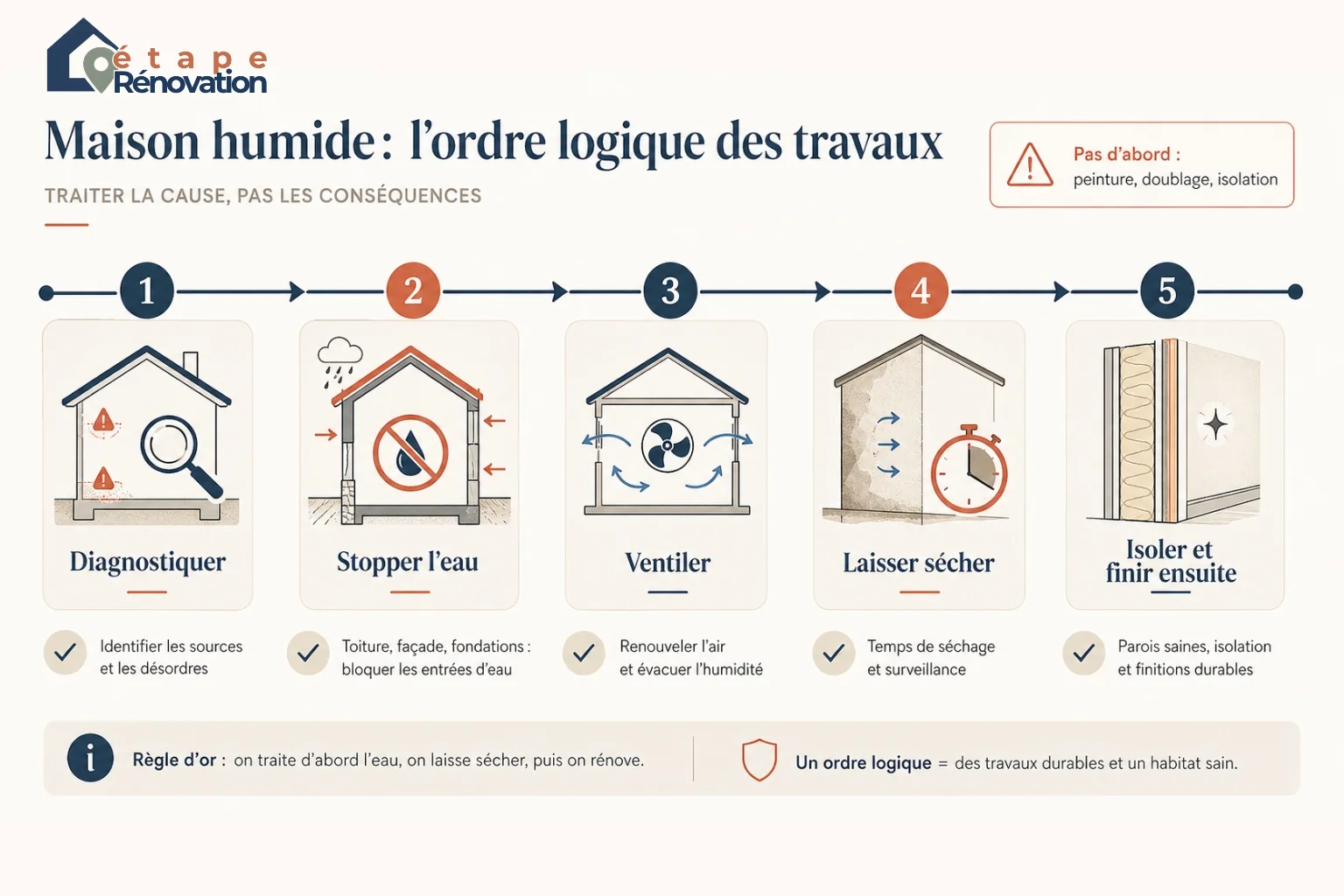 Frise pédagogique montrant l’ordre des travaux dans une maison humide : diagnostiquer, stopper les entrées d’eau, ventiler, laisser sécher, puis isoler et refaire les finitions