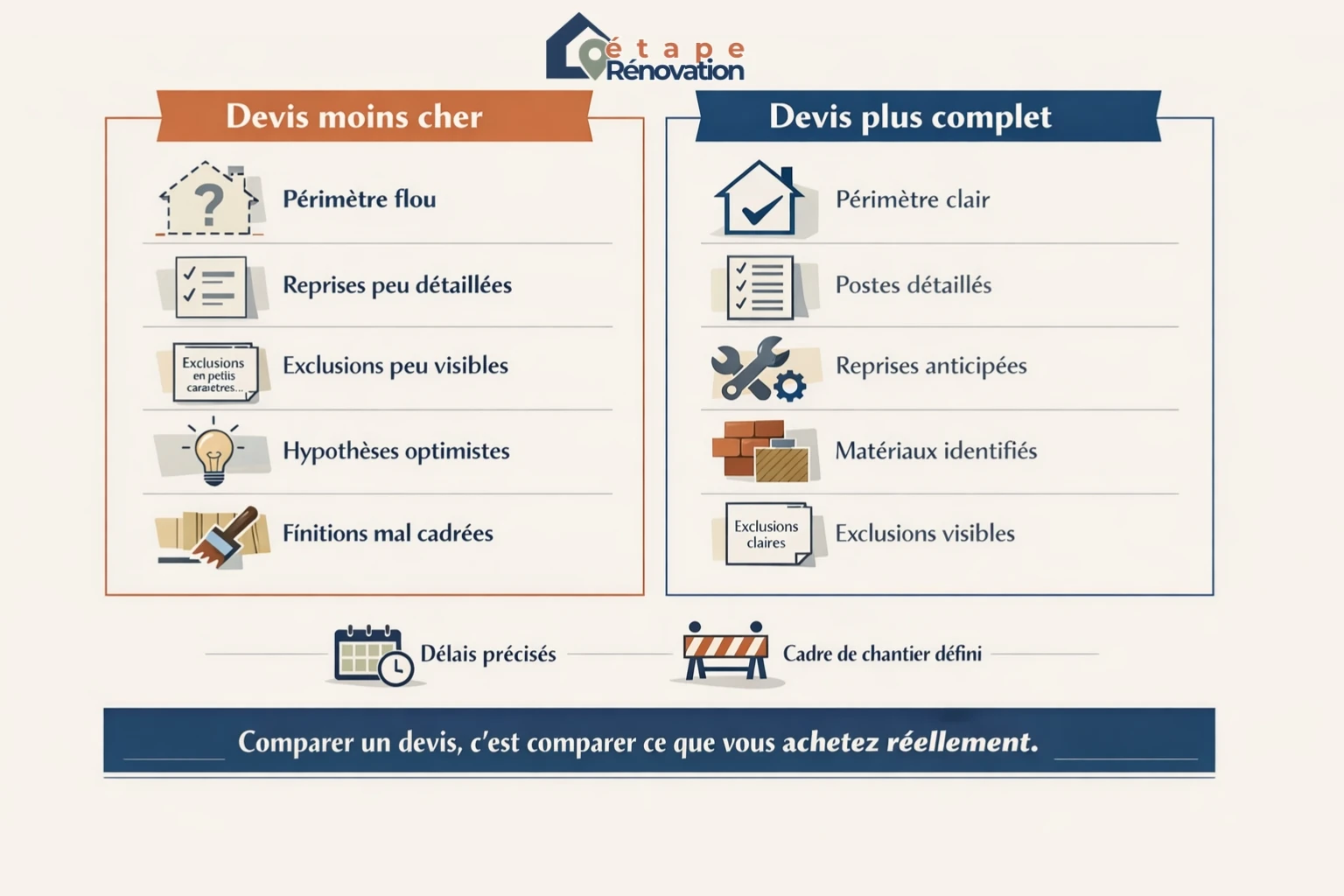 Grille de lecture d’un devis de rénovation : périmètre des travaux, détail, matériaux, exclusions, délais et points pouvant faire varier la facture
