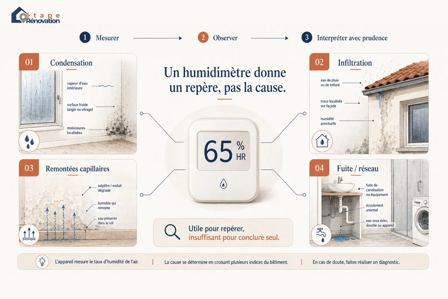Infographie montrant qu’un humidimètre aide à observer l’humidité, sans permettre à lui seul d’identifier s’il s’agit de condensation, d’infiltration, de remontées capillaires ou d’une fuite