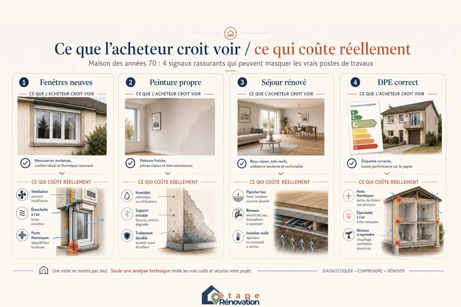 Infographie comparative montrant des éléments rassurants en visite, comme fenêtres neuves, peinture propre, séjour rénové et DPE correct, face aux coûts cachés d’une maison des années 70