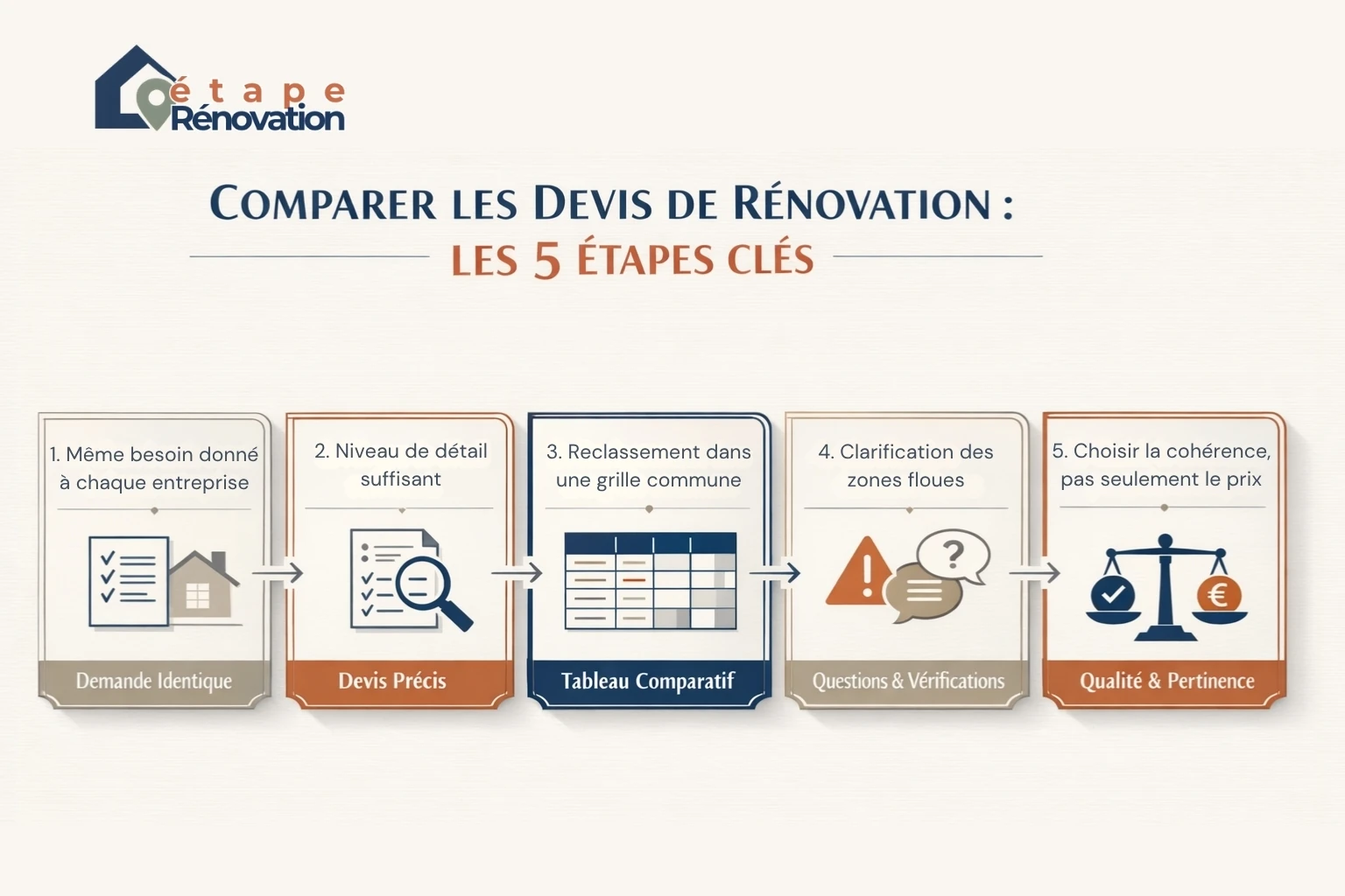 Méthode en 5 étapes pour comparer plusieurs entreprises de rénovation sur une base commune