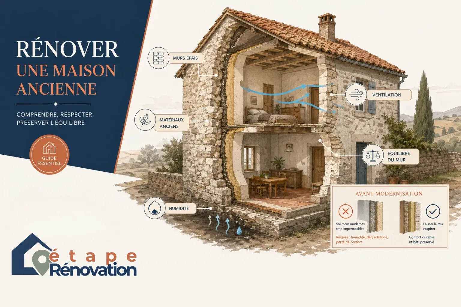 Maison ancienne avec lecture visuelle des murs, de l’humidité et des points de vigilance avant rénovation