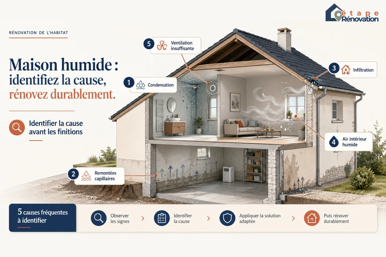Maison humide avec zones de condensation, infiltration et remontées capillaires