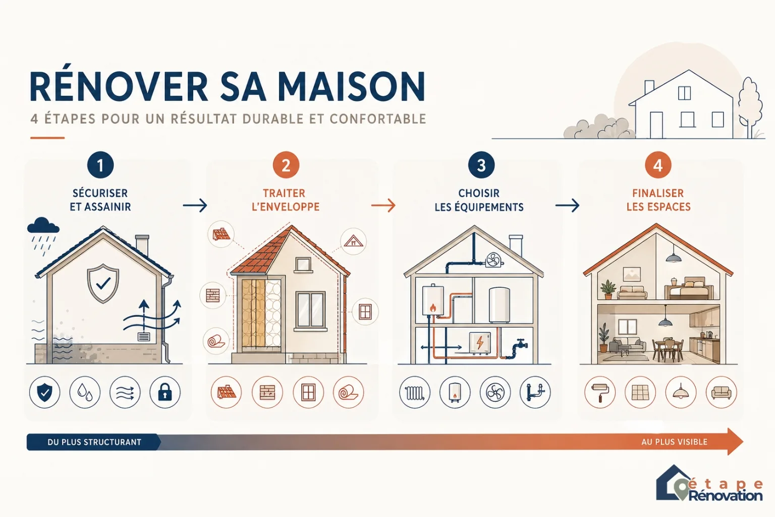 Frise visuelle des étapes logiques pour rénover une maison sans erreur de chronologie