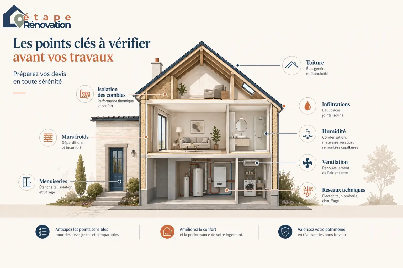 Plan annoté d’une maison avec points de vigilance avant travaux