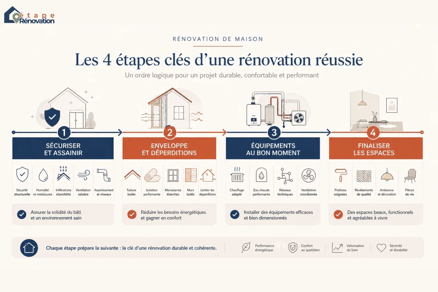 Frise chronologique montrant l’ordre logique des travaux de rénovation d’une maison