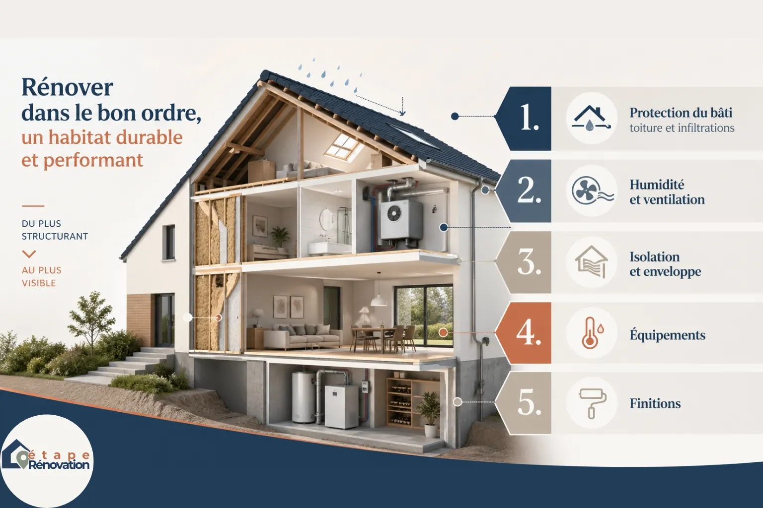 Schéma éditorial d’une maison individuelle montrant l’ordre logique des priorités de rénovation