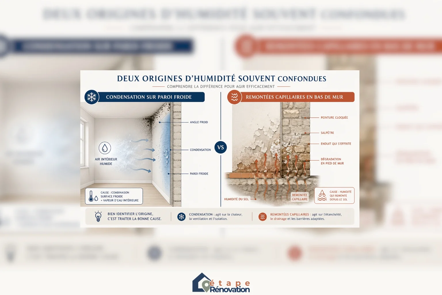 Illustration pédagogique comparant condensation sur paroi froide et remontées capillaires en bas de mur dans une maison ancienne humide