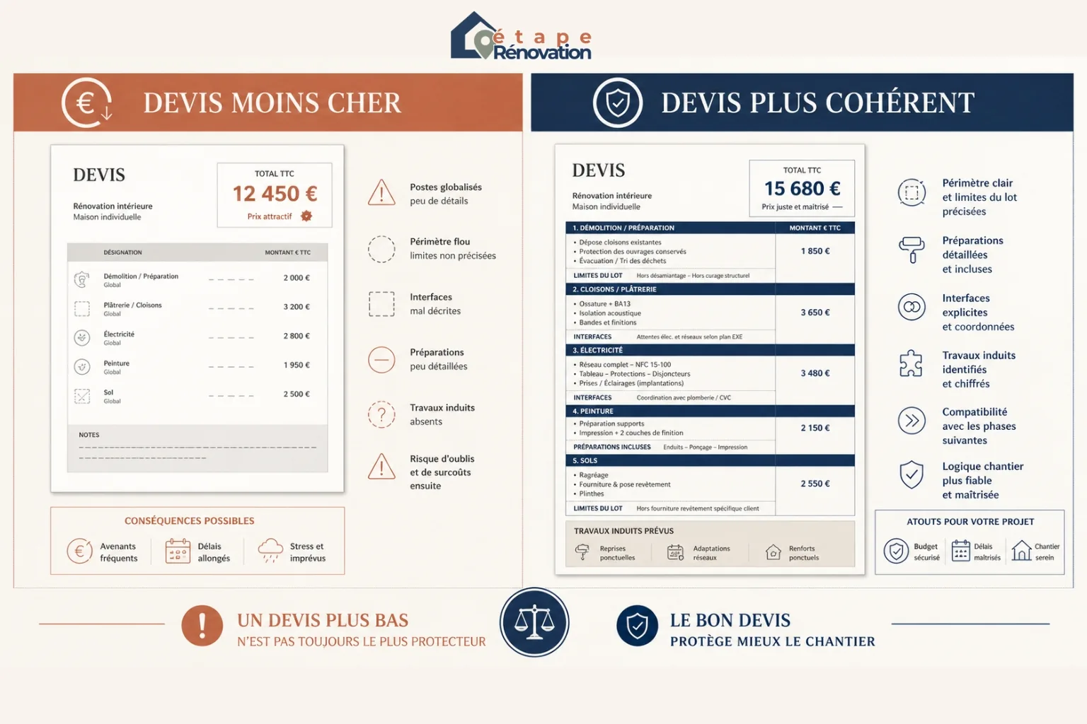 Infographie comparant un devis de rénovation moins cher mais flou à un devis plus cohérent avec périmètre clair, travaux induits et interfaces mieux décrits