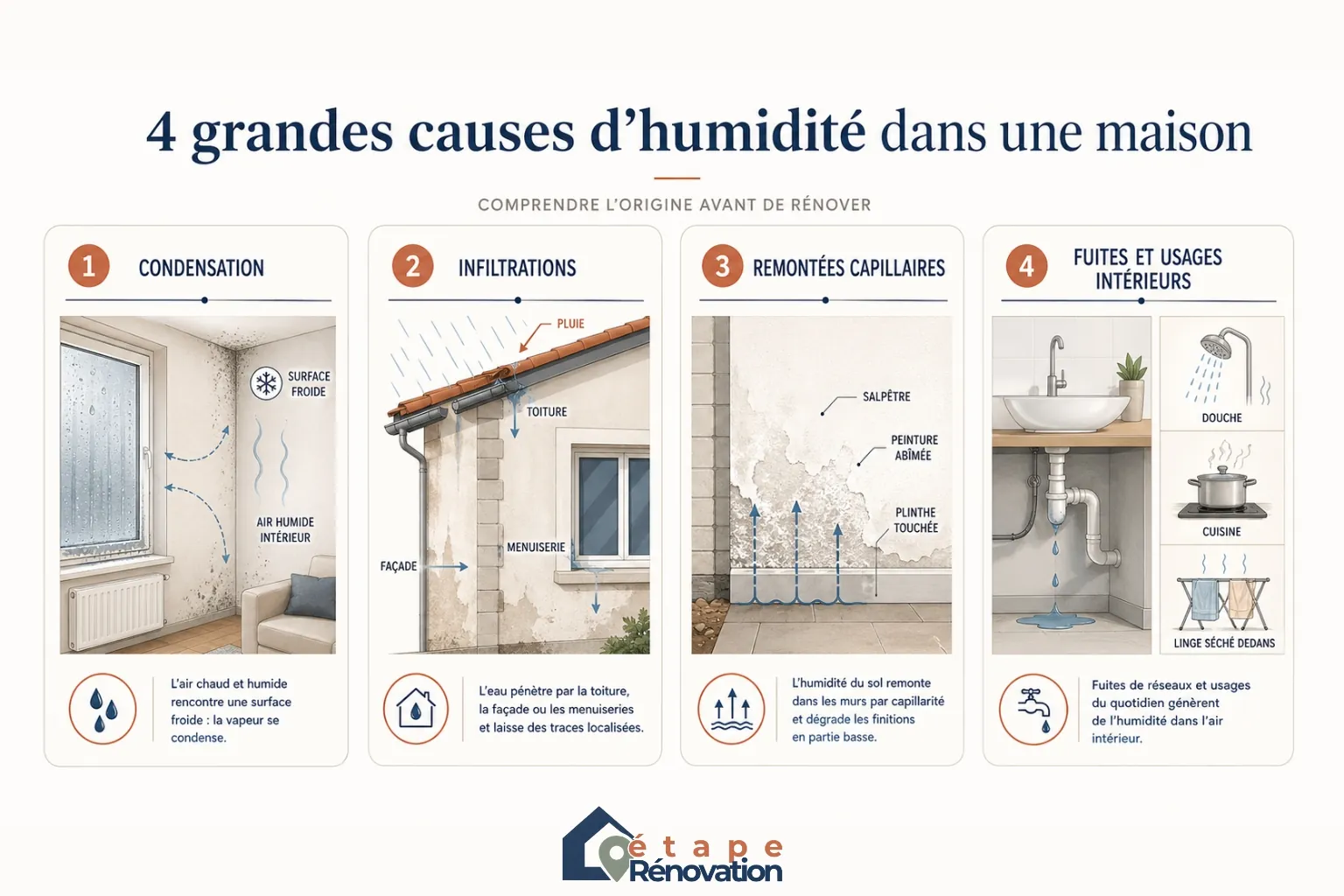 Schéma comparatif montrant la différence entre condensation intérieure sur parois froides, infiltration d’eau par toiture ou façade, et remontées capillaires en bas de mur