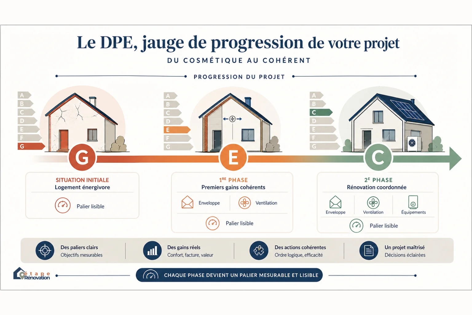 Infographie montrant le DPE comme une jauge de progression avec des paliers de rénovation allant par exemple de G vers E puis C