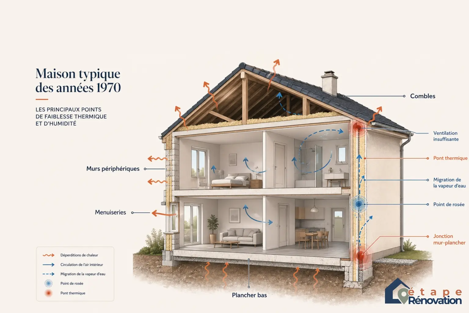 Schéma en coupe d’une maison des années 70 montrant combles, plancher bas, ponts thermiques, circulation de la vapeur d’eau, ventilation et zones froides