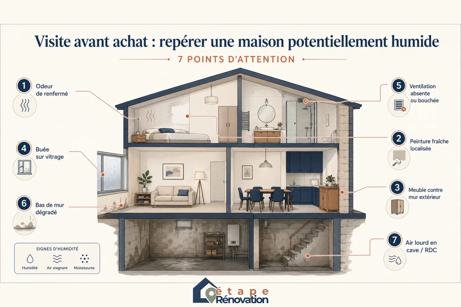Infographie montrant les principaux signaux d’alerte d’une maison humide avant achat : odeur de renfermé, peinture fraîche localisée, vitrages humides, bas de mur abîmés, ventilation absente, cave lourde